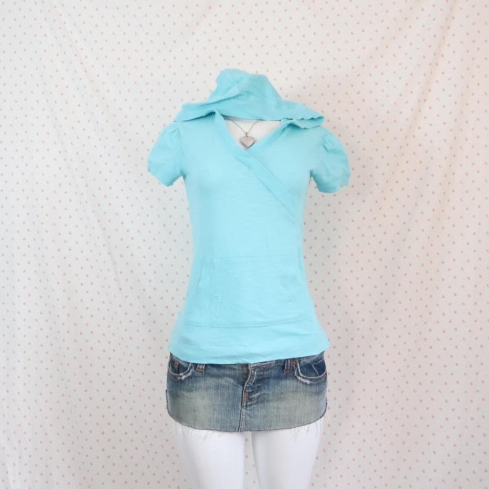 Old Navy Blue Wrap Hoodie Top Y2K Short Sleeve - Picture 5 of 5